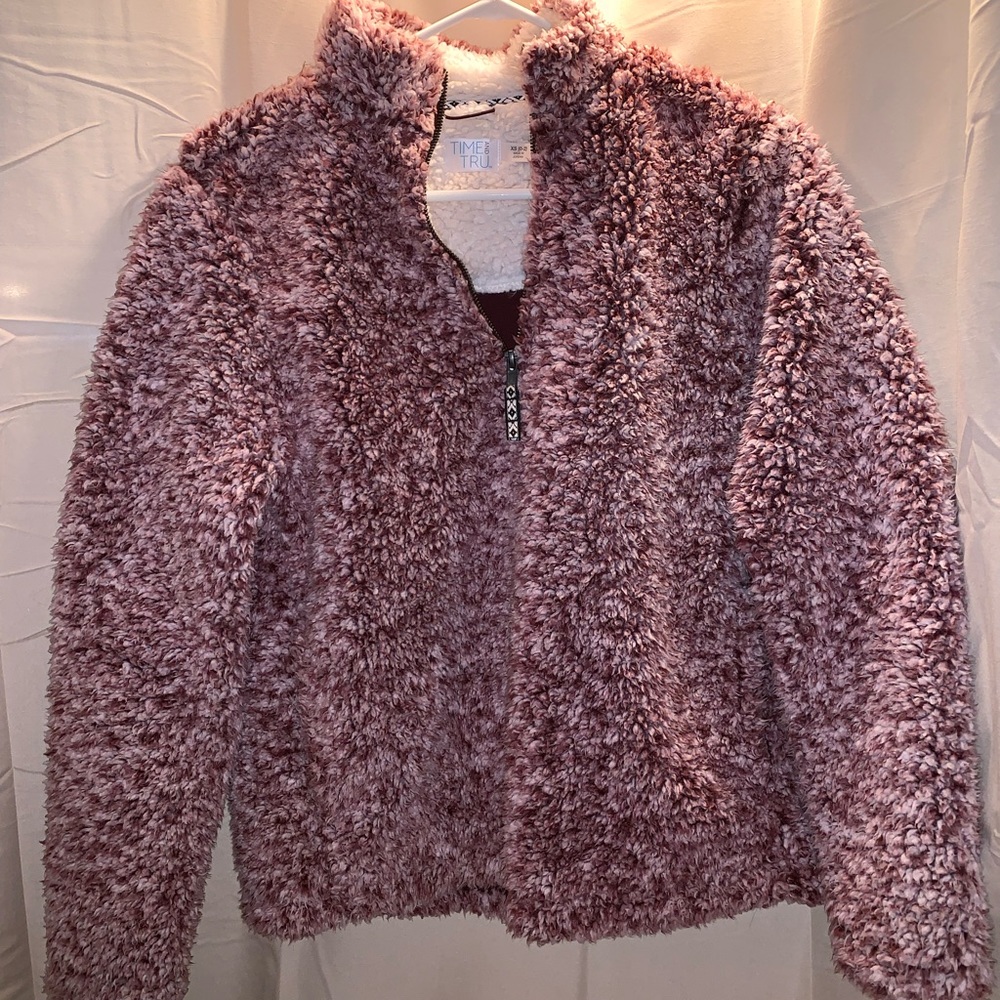 burgundy and white fuzzy jacket